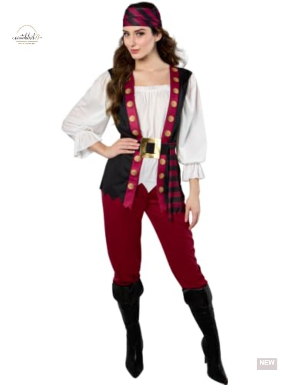 Pirate Costume Shirt Attached Vest Pants Belt Head Scarf
